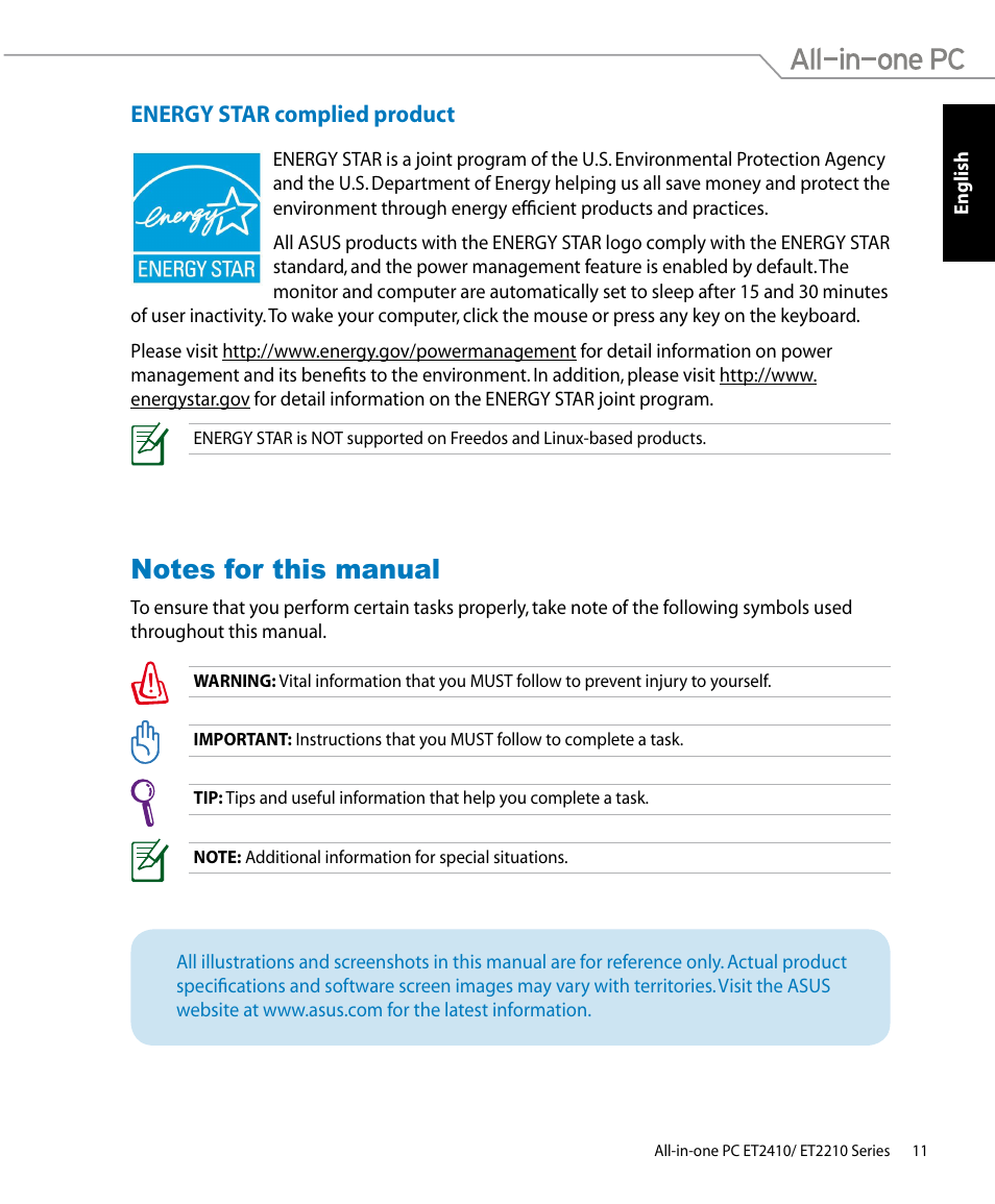 Energy star complied product, Notes for this manual | Asus ET2410IUTS User Manual | Page 11 / 38