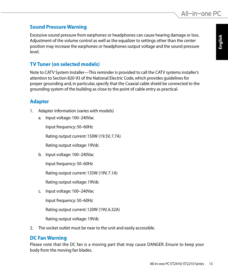 Sound pressure warning, Tv tuner (on selected models), Adapter | Dc fan warning | Asus ET2410IUTS User Manual | Page 13 / 38