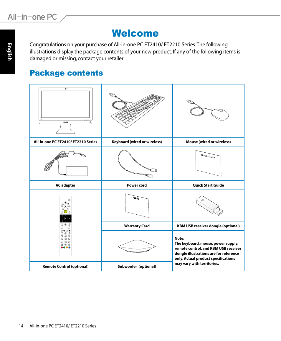 Welcome, Package contents | Asus ET2410IUTS User Manual | Page 14 / 38