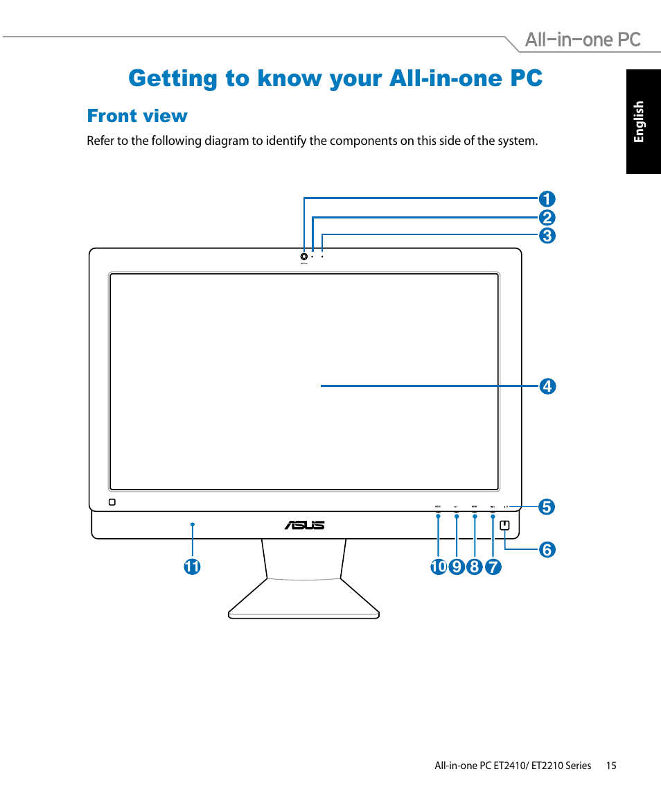 Getting to know your all-in-one pc, Front view | Asus ET2410IUTS User Manual | Page 15 / 38