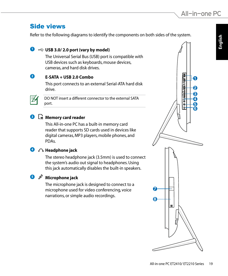 Side views | Asus ET2410IUTS User Manual | Page 19 / 38