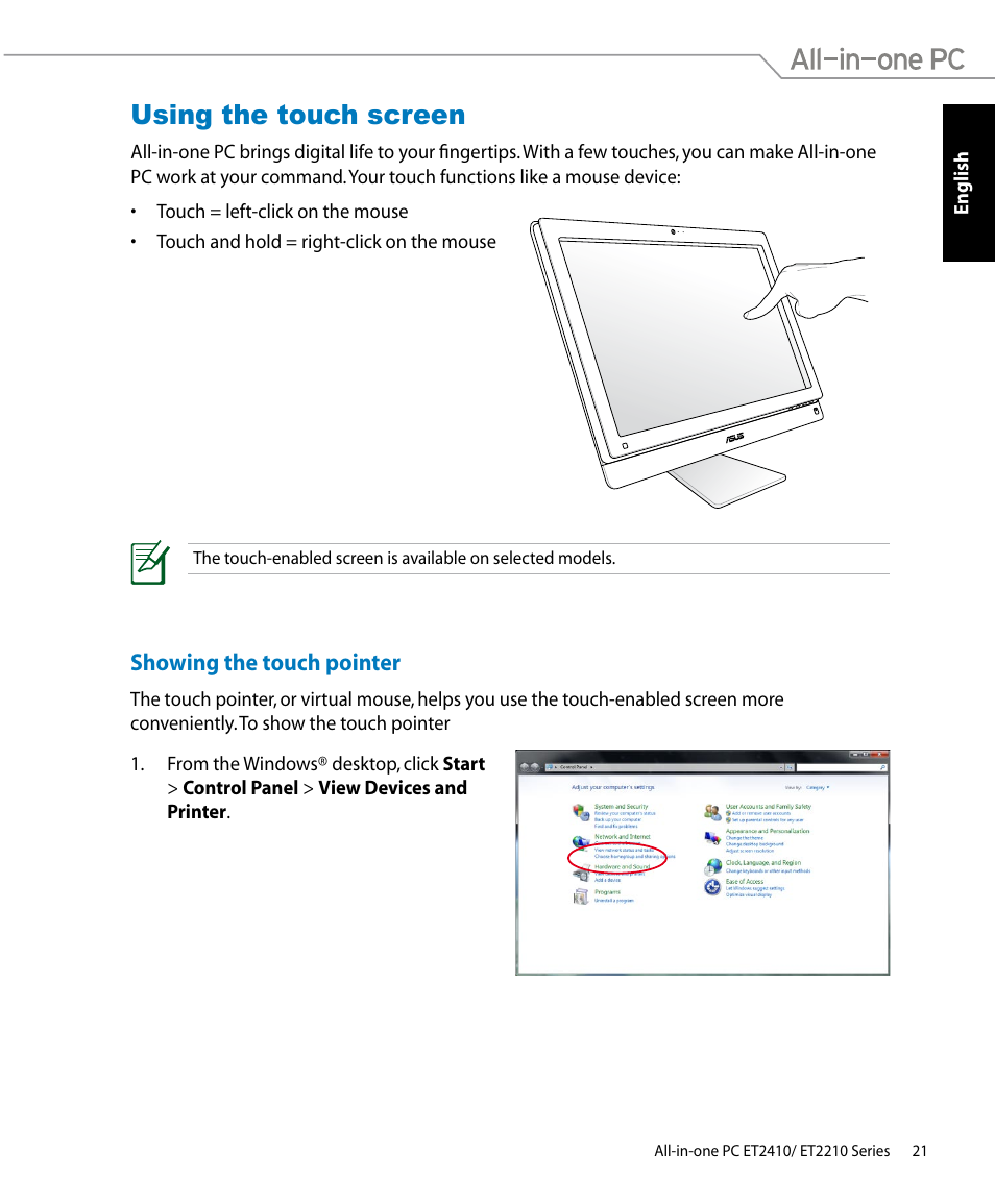 Using the touch screen, Showing the touch pointer | Asus ET2410IUTS User Manual | Page 21 / 38