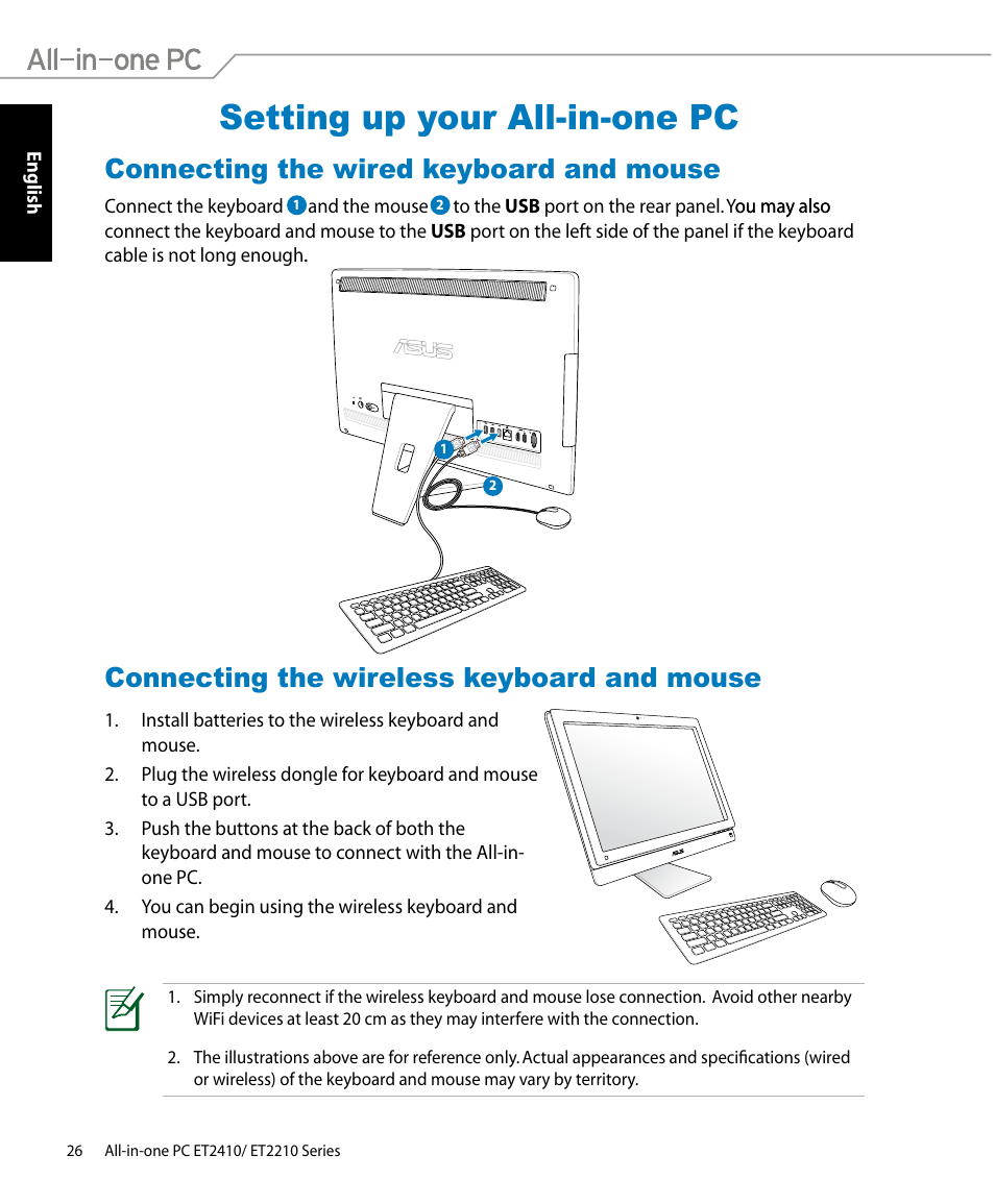 Setting up your all-in-one pc, Connecting the wired keyboard and mouse, Connecting the wireless keyboard and mouse | Asus ET2410IUTS User Manual | Page 26 / 38