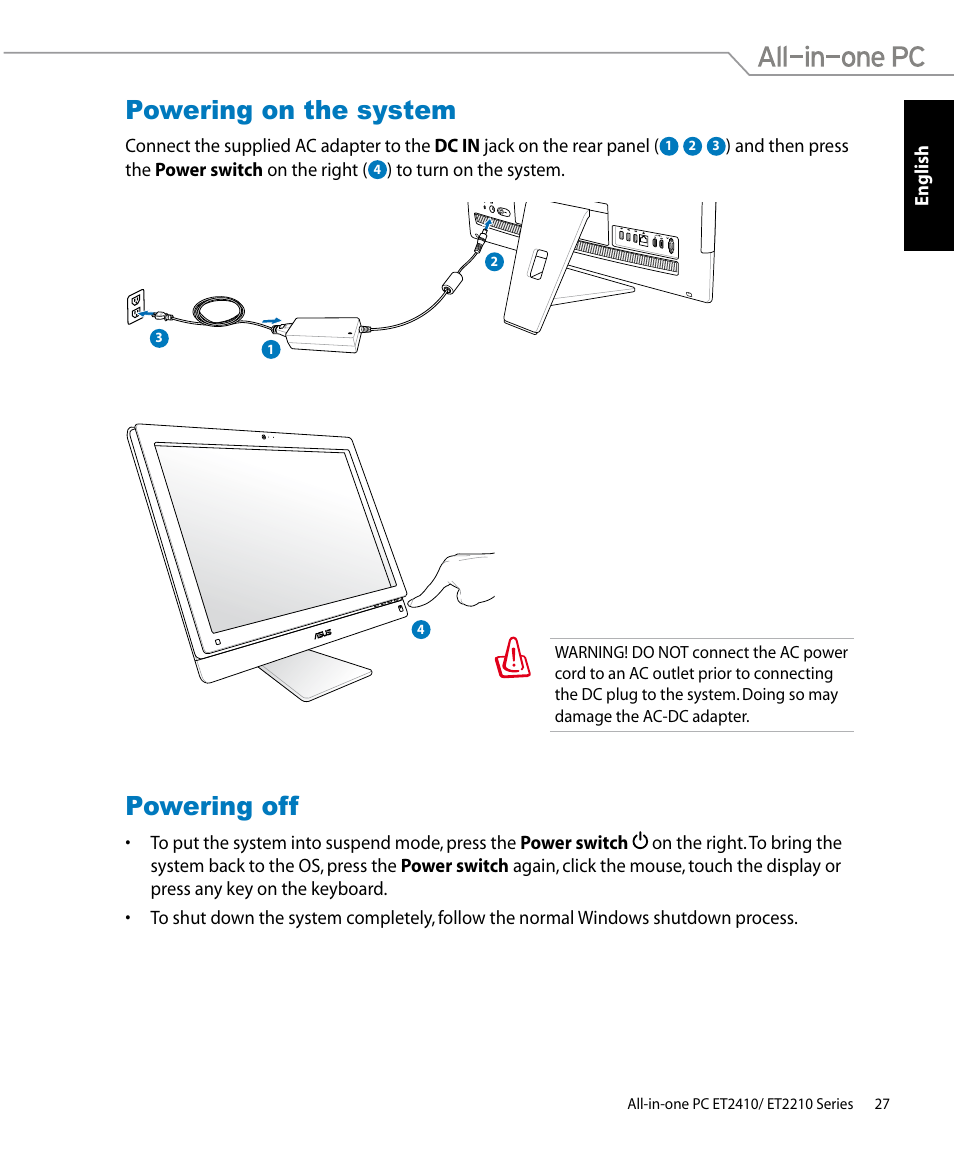 Powering on the system, Powering off, Powering on the system powering off | Asus ET2410IUTS User Manual | Page 27 / 38