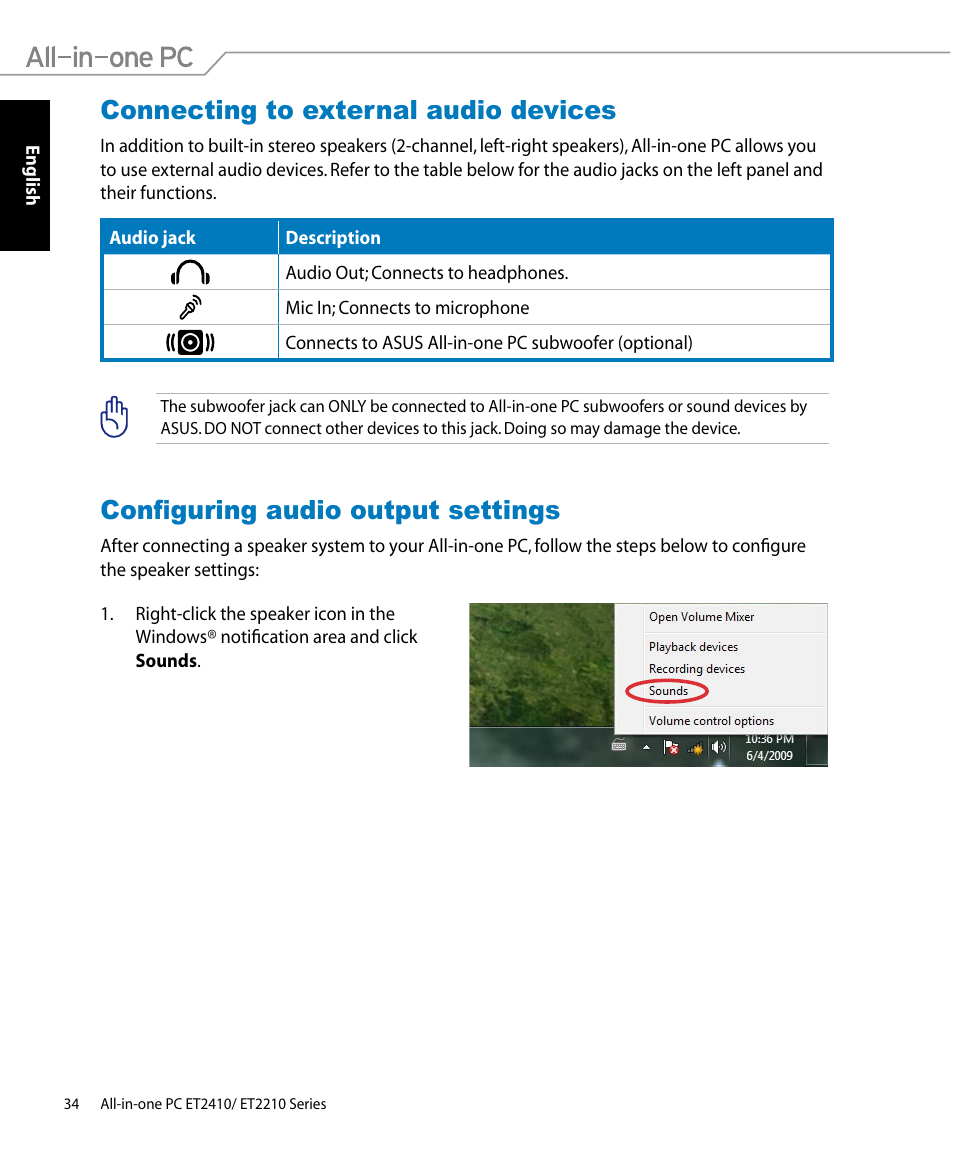 Connecting to external audio devices, Configuring audio output settings | Asus ET2410IUTS User Manual | Page 34 / 38