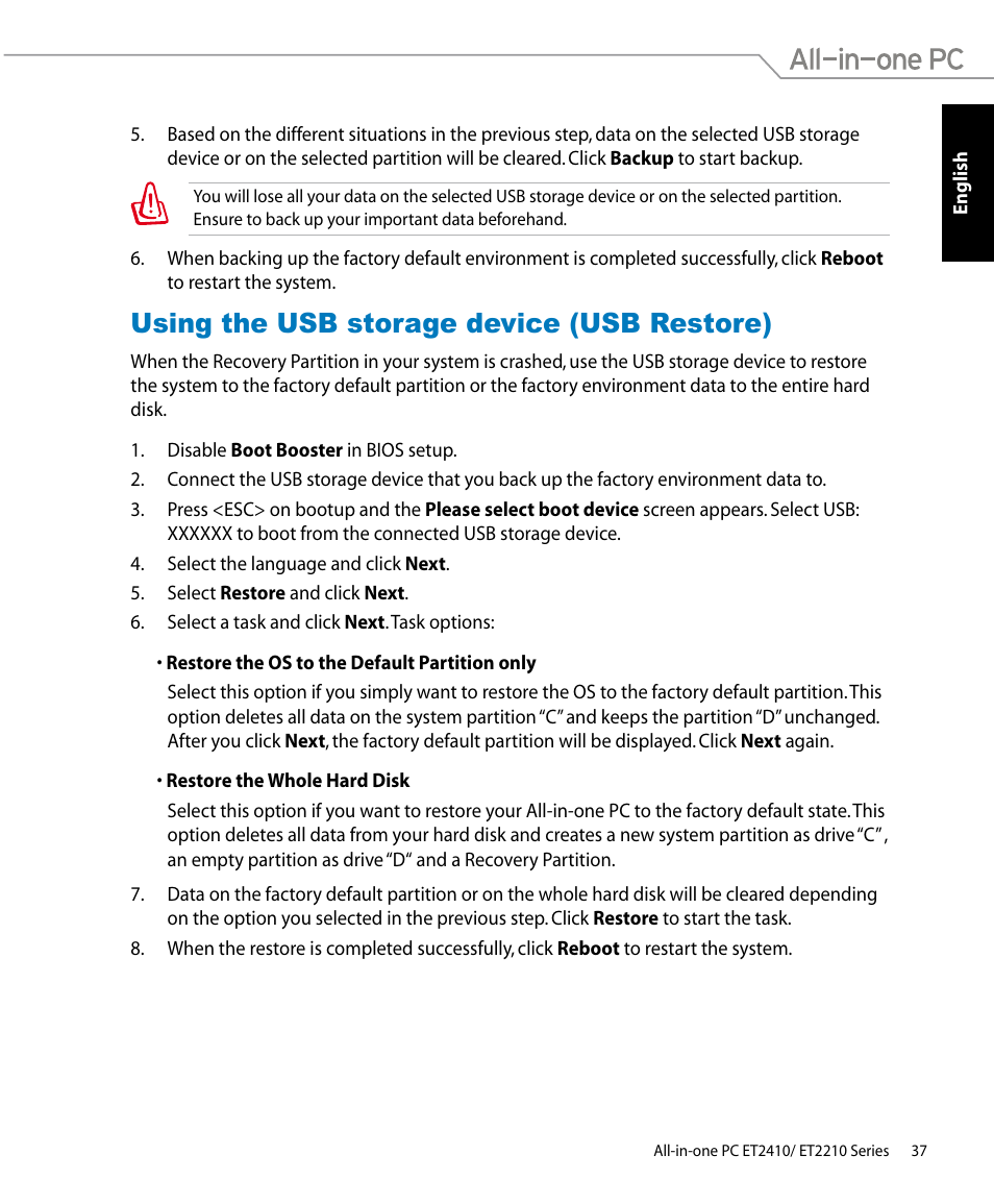 Using the usb storage device (usb restore) | Asus ET2410IUTS User Manual | Page 37 / 38