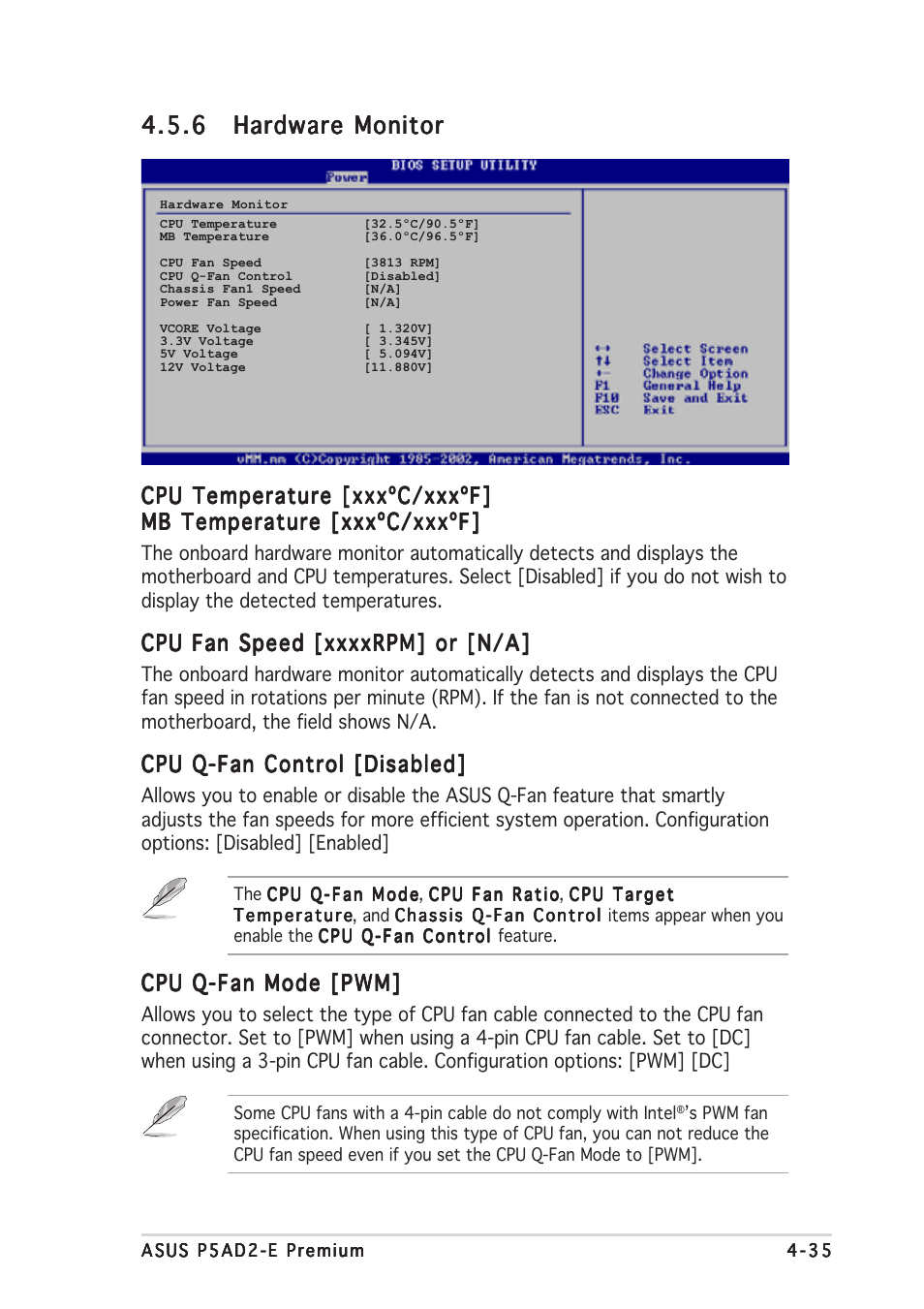 Cpu temperature [xxxºc/xxxºf, Cpu q-fan control [disabled, Cpu q-fan mode [pwm | Asus P5AD2-E Premium User Manual | Page 103 / 156