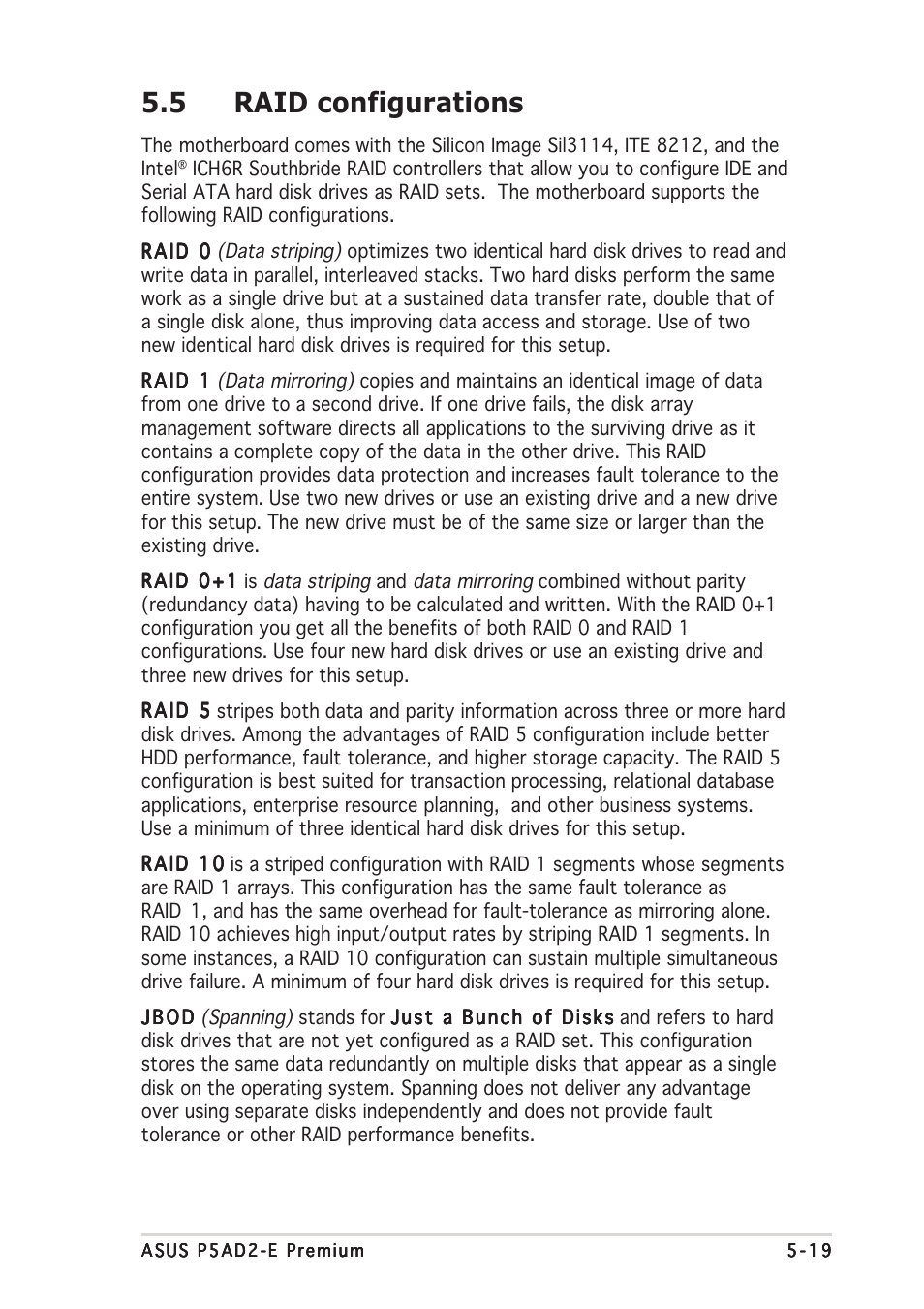 5 raid configurations | Asus P5AD2-E Premium User Manual | Page 133 / 156