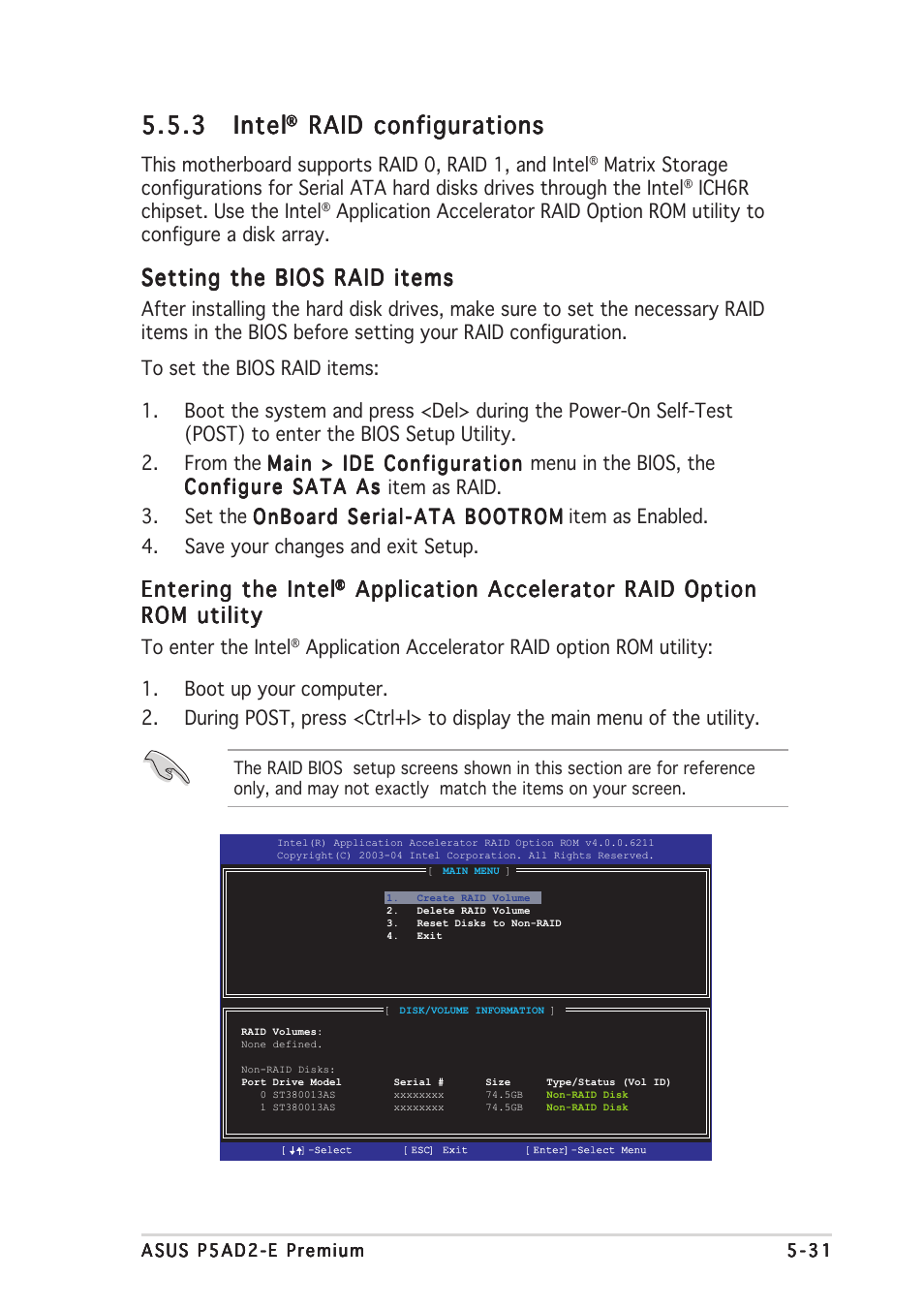 3 intel intel intel intel intel, Raid configurations, Setting the bios raid items | Entering the intel, Application accelerator raid option | Asus P5AD2-E Premium User Manual | Page 145 / 156