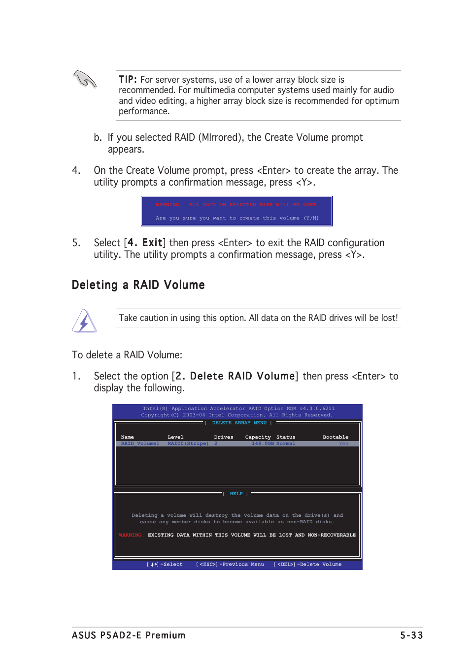 Deleting a raid volume | Asus P5AD2-E Premium User Manual | Page 147 / 156