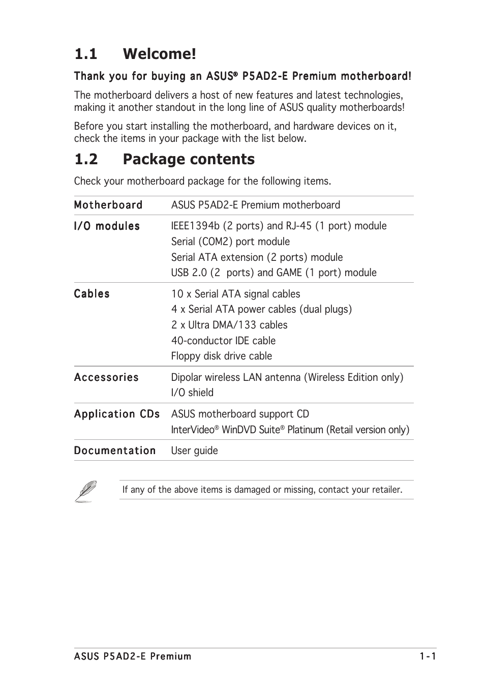 1 welcome, 2 package contents | Asus P5AD2-E Premium User Manual | Page 15 / 156