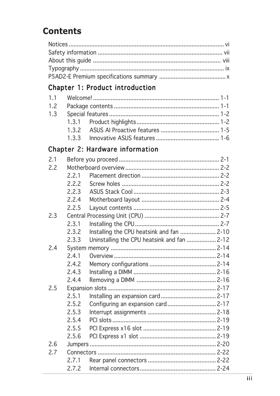 Asus P5AD2-E Premium User Manual | Page 3 / 156