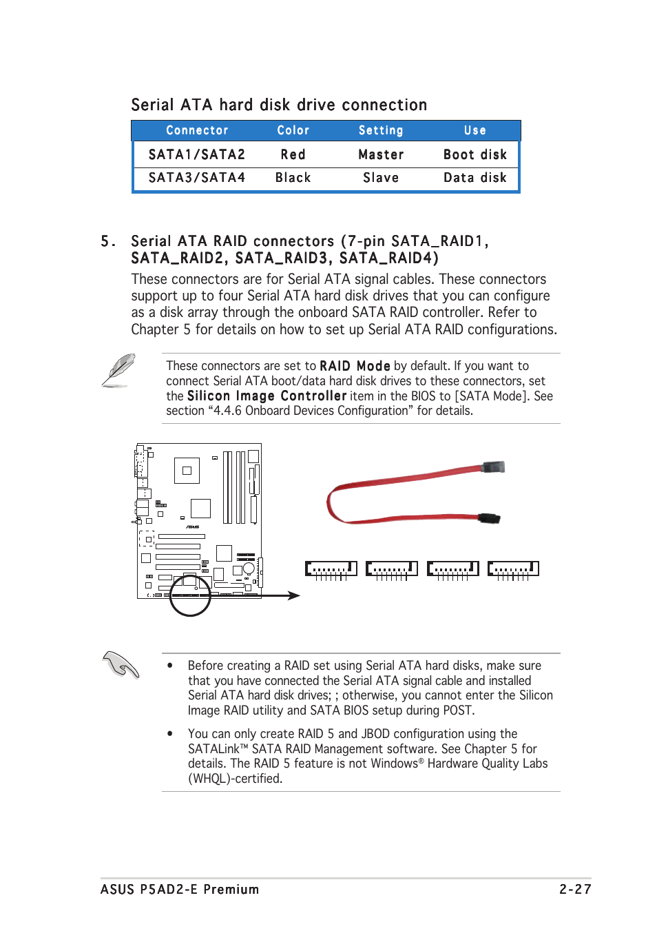 Serial ata hard disk drive connection, Hardware quality labs (whql)-certified, P5ad2-e premium sata raid connectors | Asus P5AD2-E Premium User Manual | Page 49 / 156