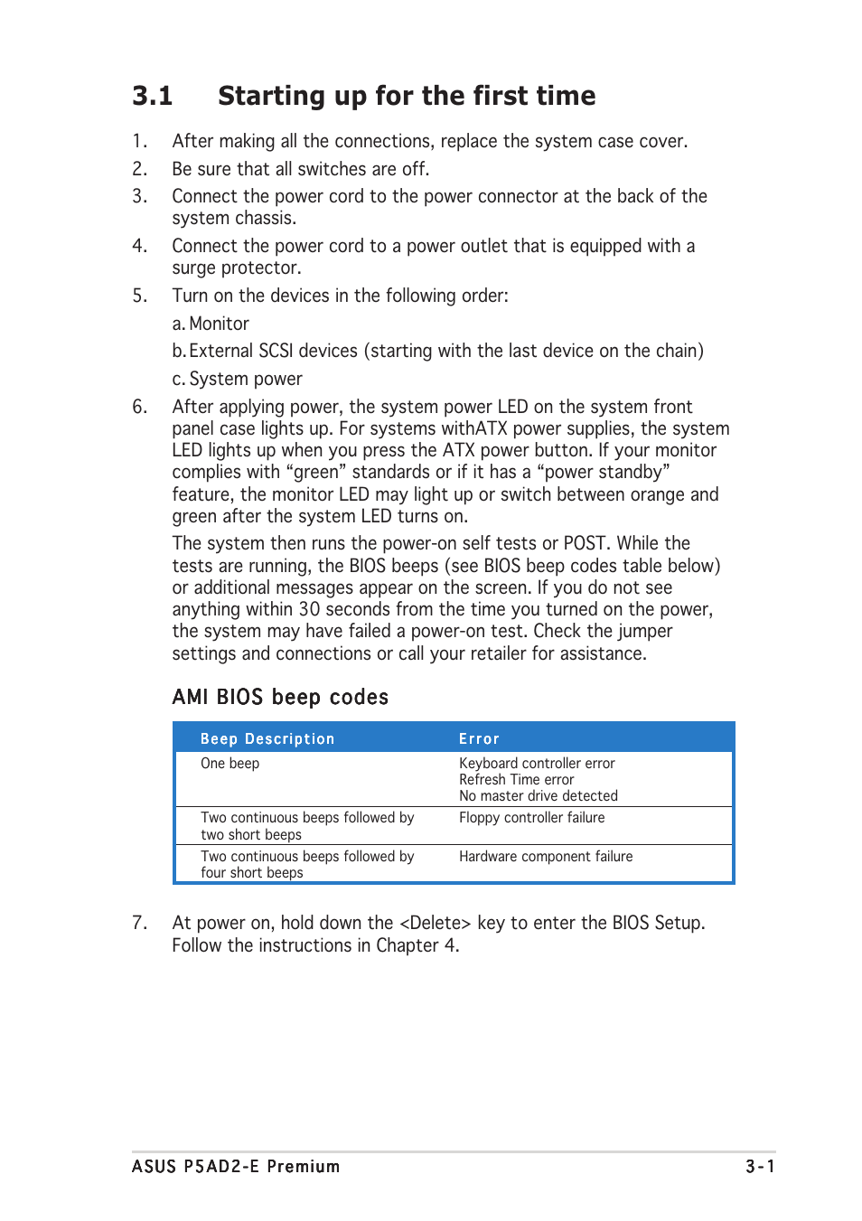 1 starting up for the first time, Ami bios beep codes | Asus P5AD2-E Premium User Manual | Page 59 / 156