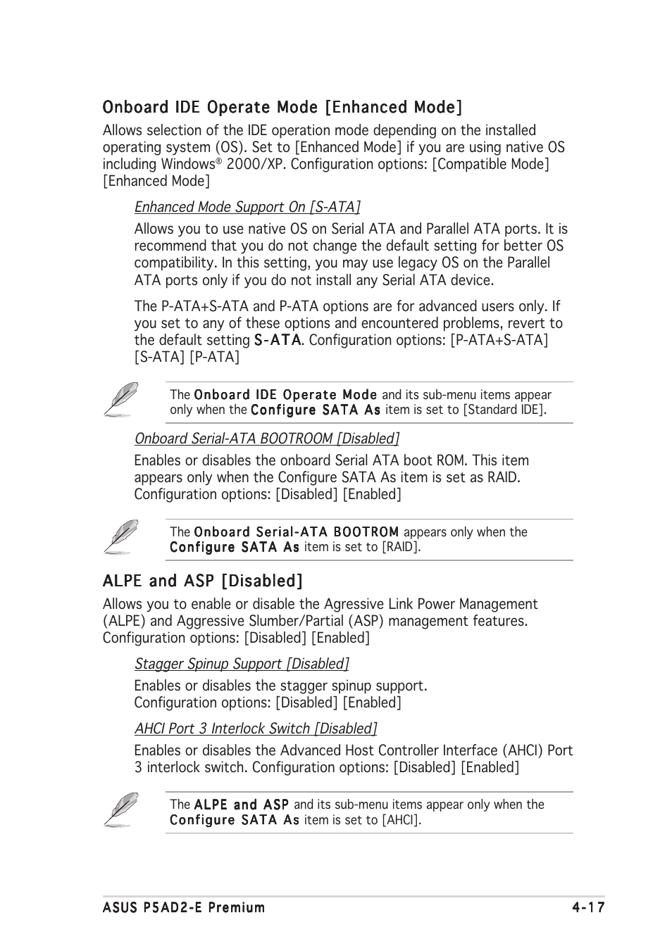 Onboard ide operate mode [enhanced mode, Alpe and asp [disabled | Asus P5AD2-E Premium User Manual | Page 85 / 156