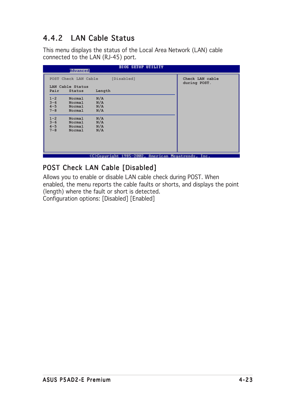 Post check lan cable [disabled | Asus P5AD2-E Premium User Manual | Page 91 / 156