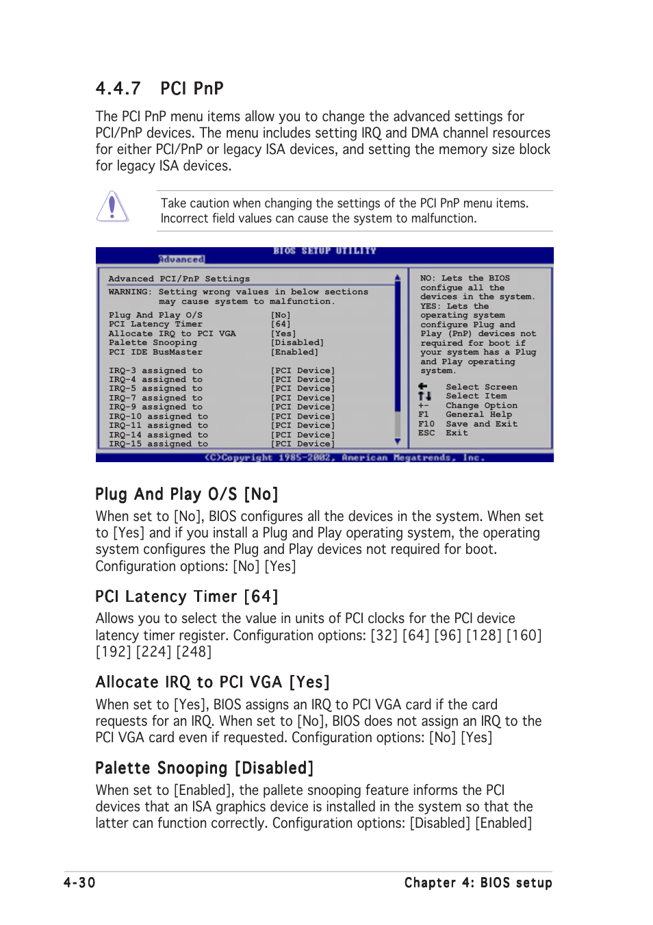 7 pci pnp pci pnp pci pnp pci pnp pci pnp, Plug and play o/s [no, Pci latency timer [64 | Allocate irq to pci vga [yes, Palette snooping [disabled | Asus P5AD2-E Premium User Manual | Page 98 / 156