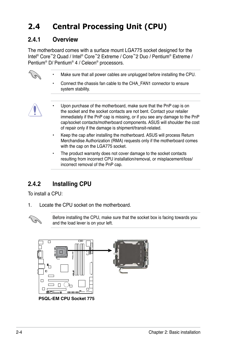 4 central processing unit (cpu), Overview 2.4.2. installing.cpu | Asus V2-P5G43 User Manual | Page 22 / 112