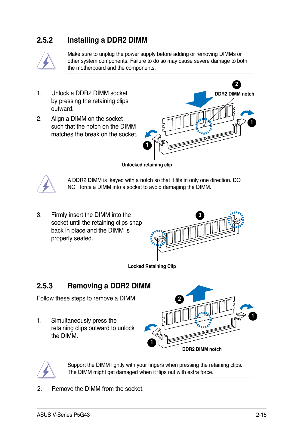 Removing.a.ddr2.dimm, Installing.a.ddr2.dimm | Asus V2-P5G43 User Manual | Page 33 / 112