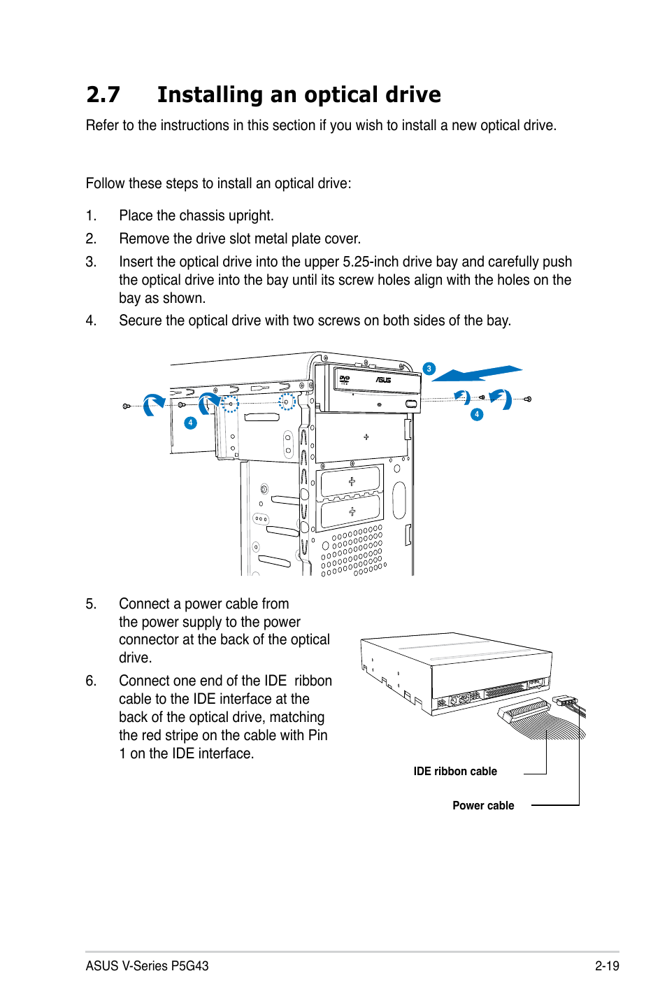 7 installing an optical drive | Asus V2-P5G43 User Manual | Page 37 / 112