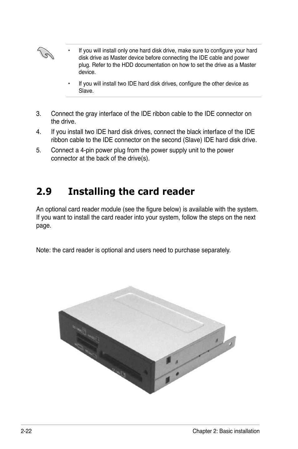 9 installing the card reader | Asus V2-P5G43 User Manual | Page 40 / 112