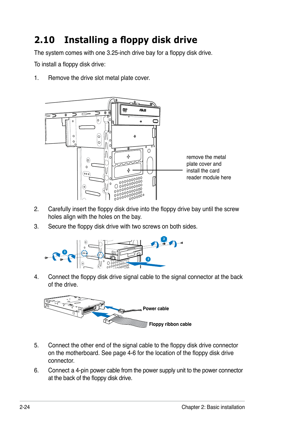 10 installing a floppy disk drive | Asus V2-P5G43 User Manual | Page 42 / 112