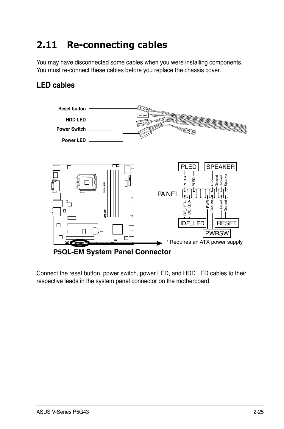 11 re-connecting cables, Led.cables, System.panel.connector | P5ql-em, Reset, Pwrsw, Pled speaker | Asus V2-P5G43 User Manual | Page 43 / 112