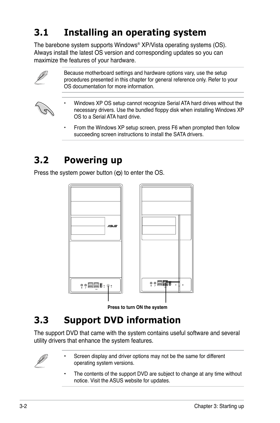 1 installing an operating system, 3 support dvd information, 2 powering up | Asus V2-P5G43 User Manual | Page 46 / 112