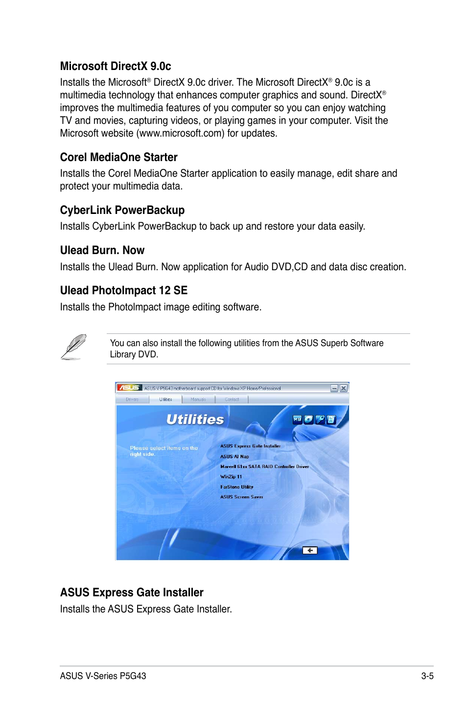 Microsoft.directx.9.0c, Corel.mediaone.starter, Cyberlink.powerbackup | Ulead.burn..now, Ulead.photolmpact.12.se, Asus.express.gate.installer | Asus V2-P5G43 User Manual | Page 49 / 112