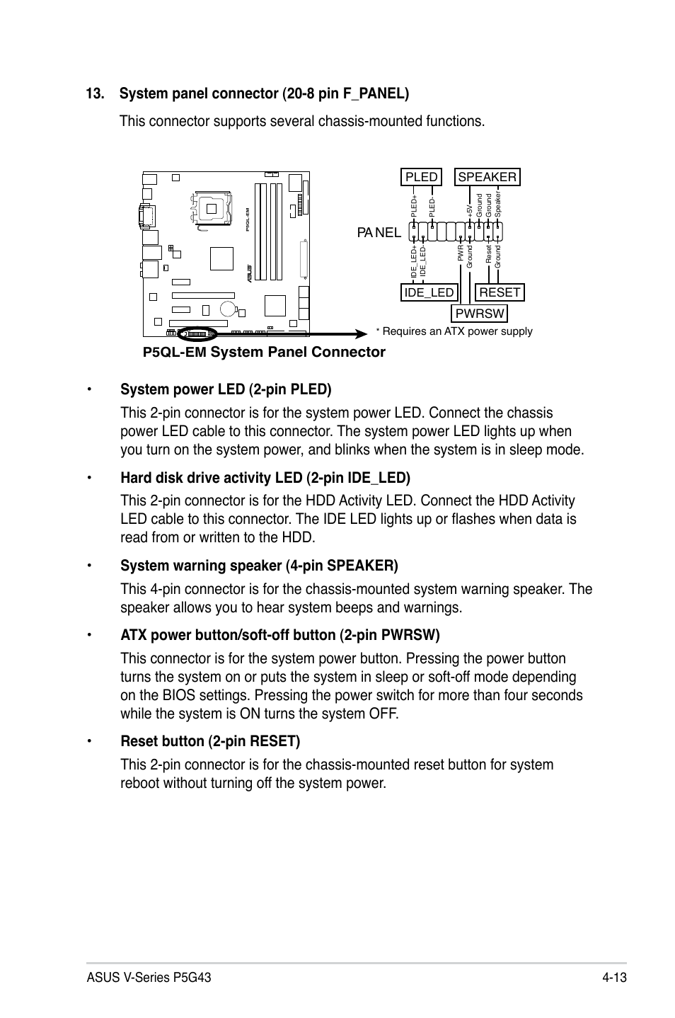 System.panel.connector | Asus V2-P5G43 User Manual | Page 73 / 112