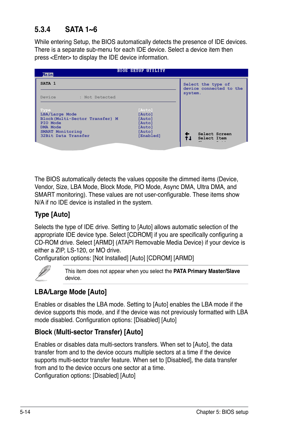 Sata.1~6, Type.[auto, Lba/large.mode.[auto | Block.(multi-sector.transfer).[auto | Asus V2-P5G43 User Manual | Page 88 / 112