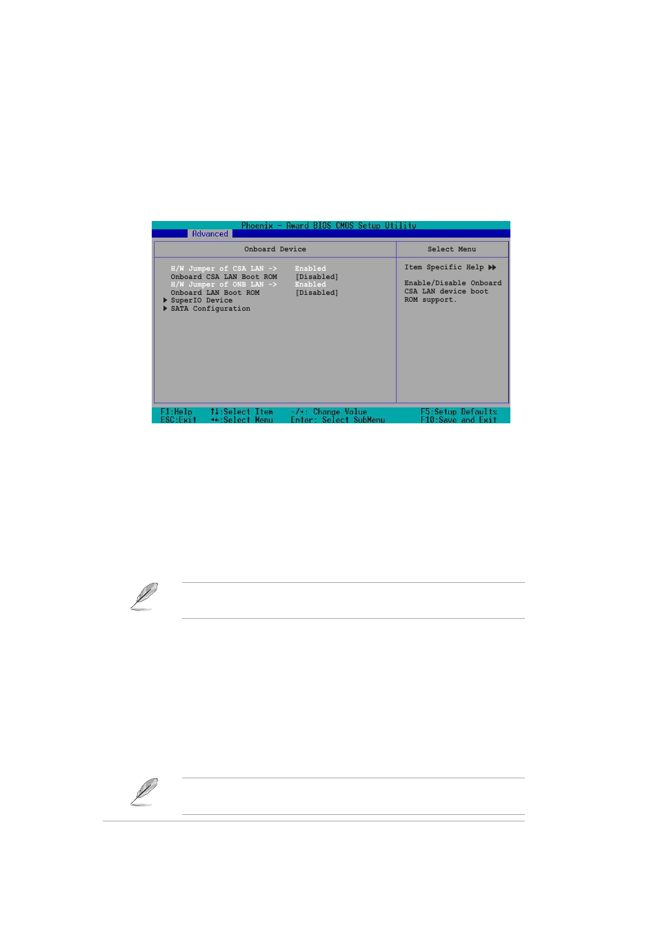 5 onboard device, H/w jumper of csa lan [enabled, Onboard csa lan boot rom [disabled | H/w jumper of onb lan [enabled, Onboard lan boot rom [disabled | Asus AP140R-E1 User Manual | Page 74 / 132