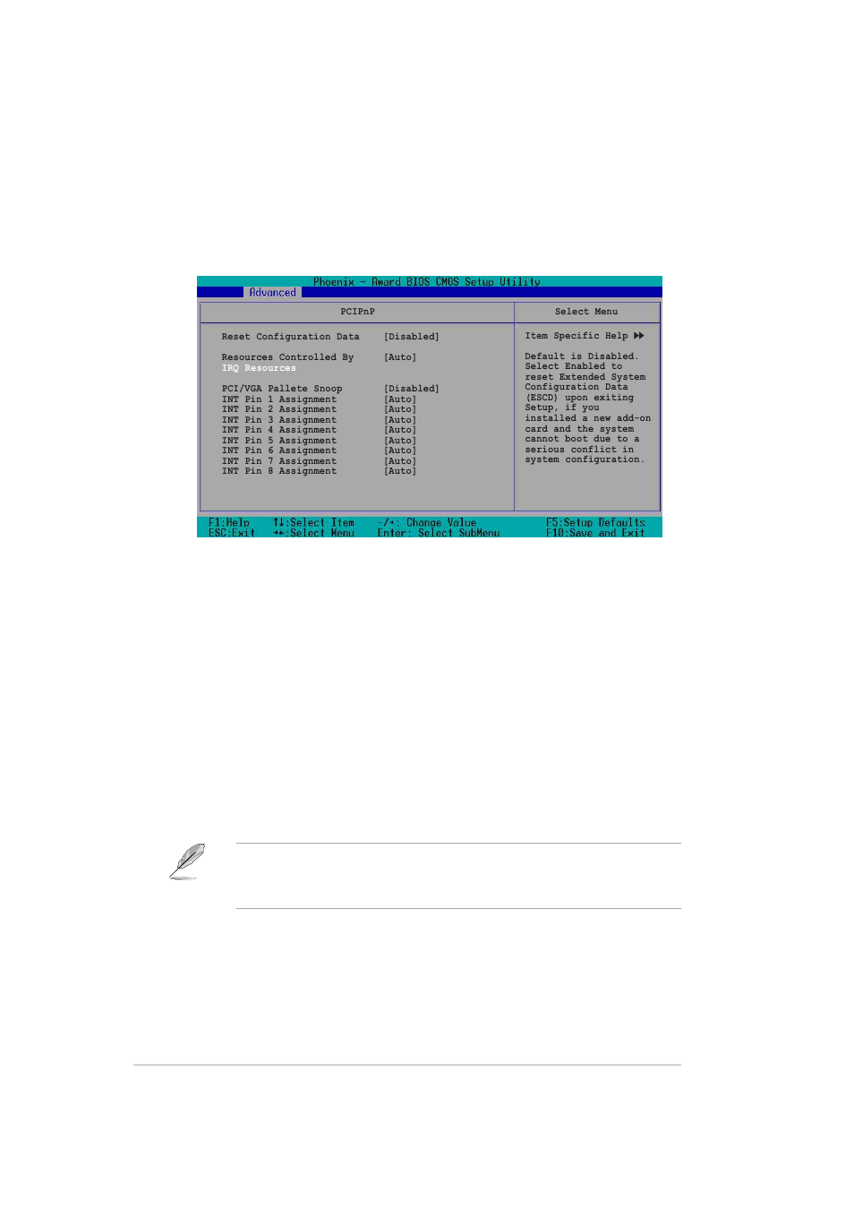 6 pcipnp, Reset configuration data [disabled, Resources controlled by [auto | Pci/vga pallete snoop [disabled, 22 chapter 5: bios setup | Asus AP140R-E1 User Manual | Page 78 / 132