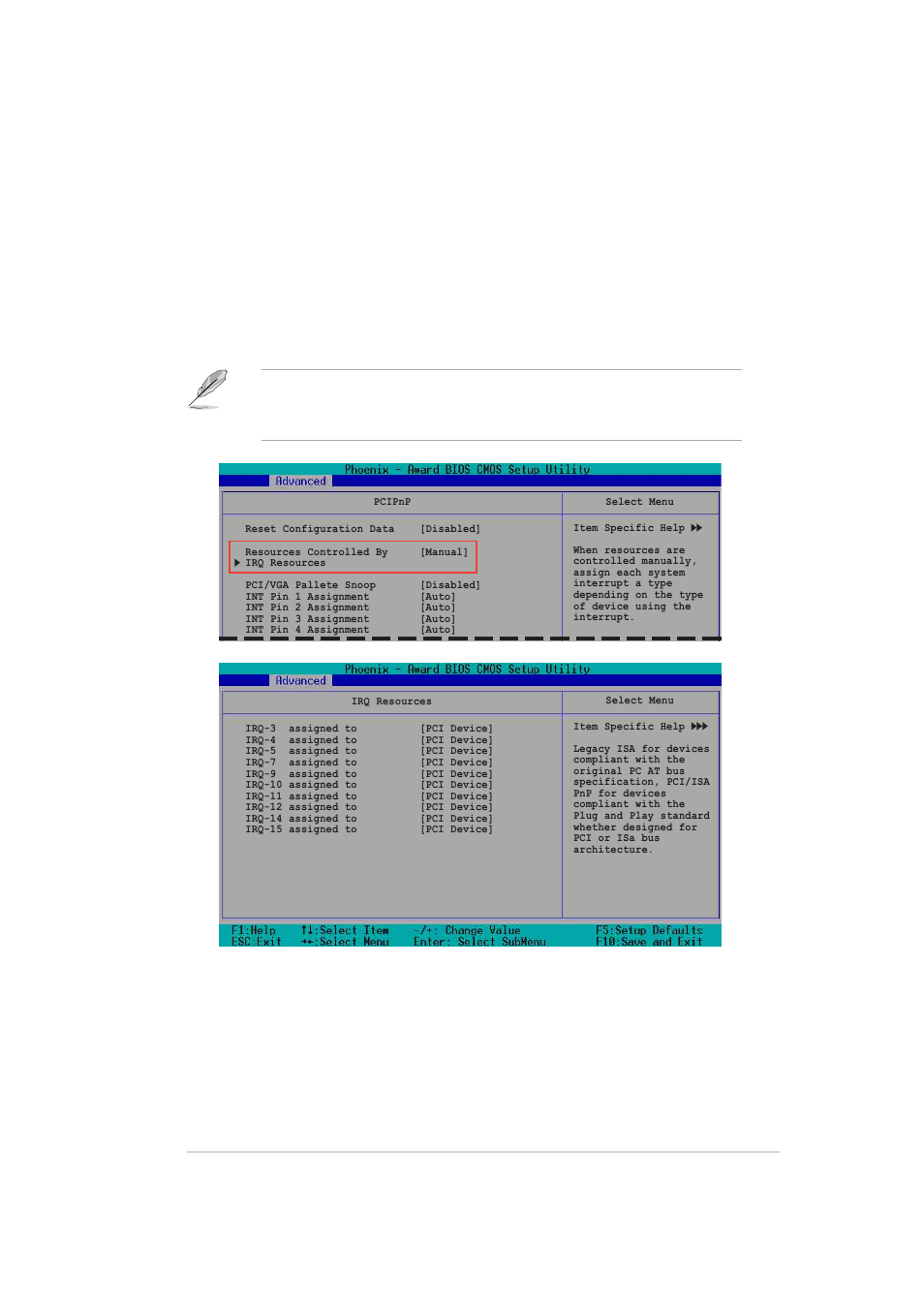 Irq resources, Int pin 1~8 assignment [auto, Irq-xx assigned to [pci device | Asus AP140R-E1 User Manual | Page 79 / 132