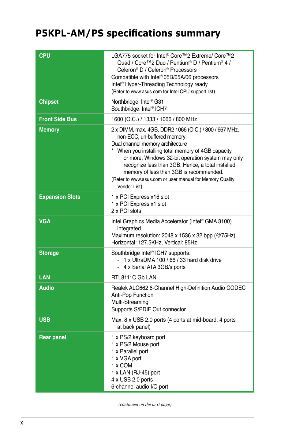 P5kpl-am/ps specifications summary | Asus P5KPL-AM/PS User Manual | Page 10 / 100