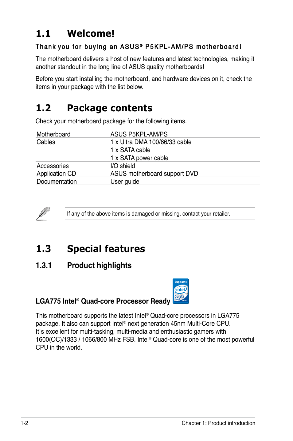 1 welcome, 2 package contents, 3 special features | 1 product highlights | Asus P5KPL-AM/PS User Manual | Page 14 / 100