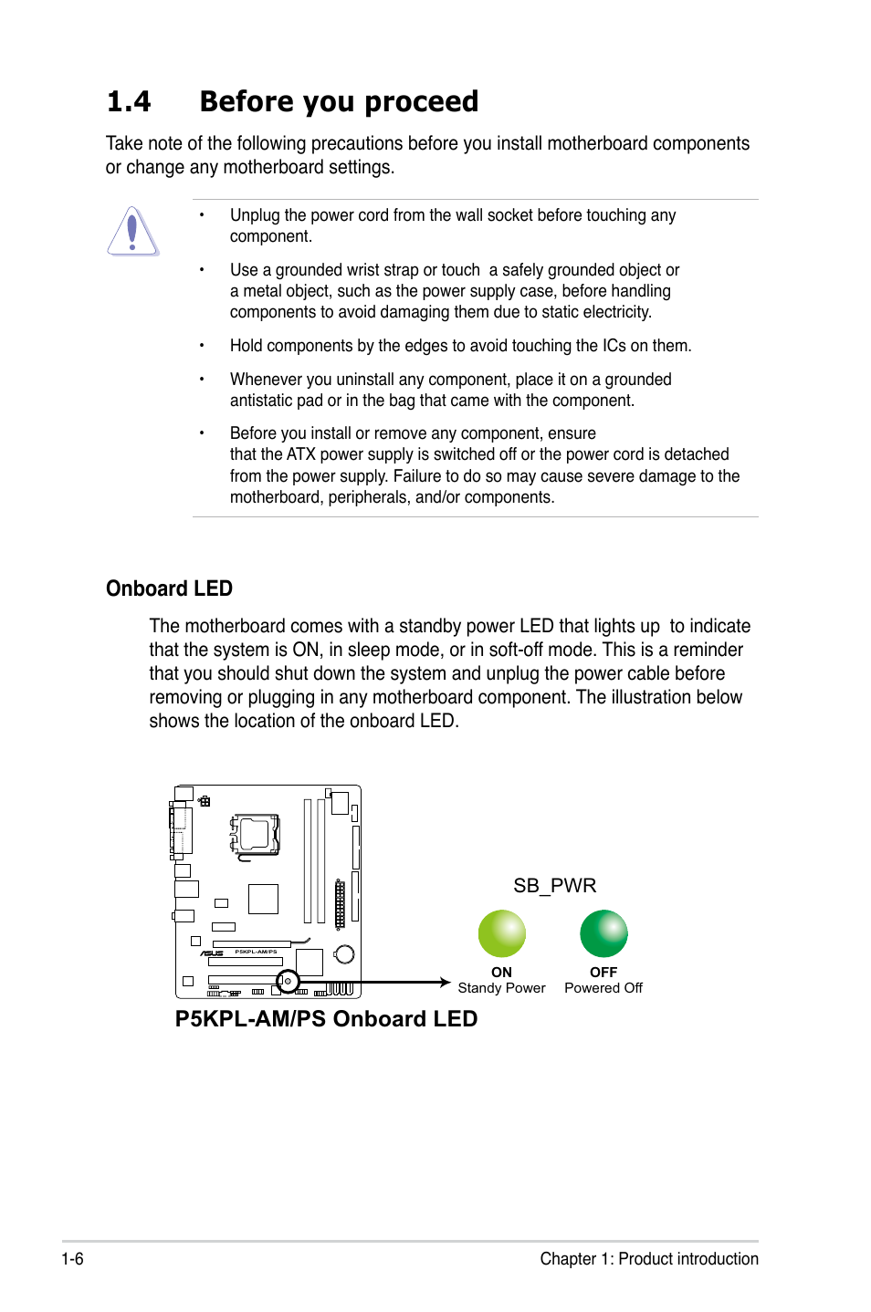 4 before you proceed, Onboard led, P5kpl-am/ps | P5kpl-am/ps onboard led | Asus P5KPL-AM/PS User Manual | Page 18 / 100