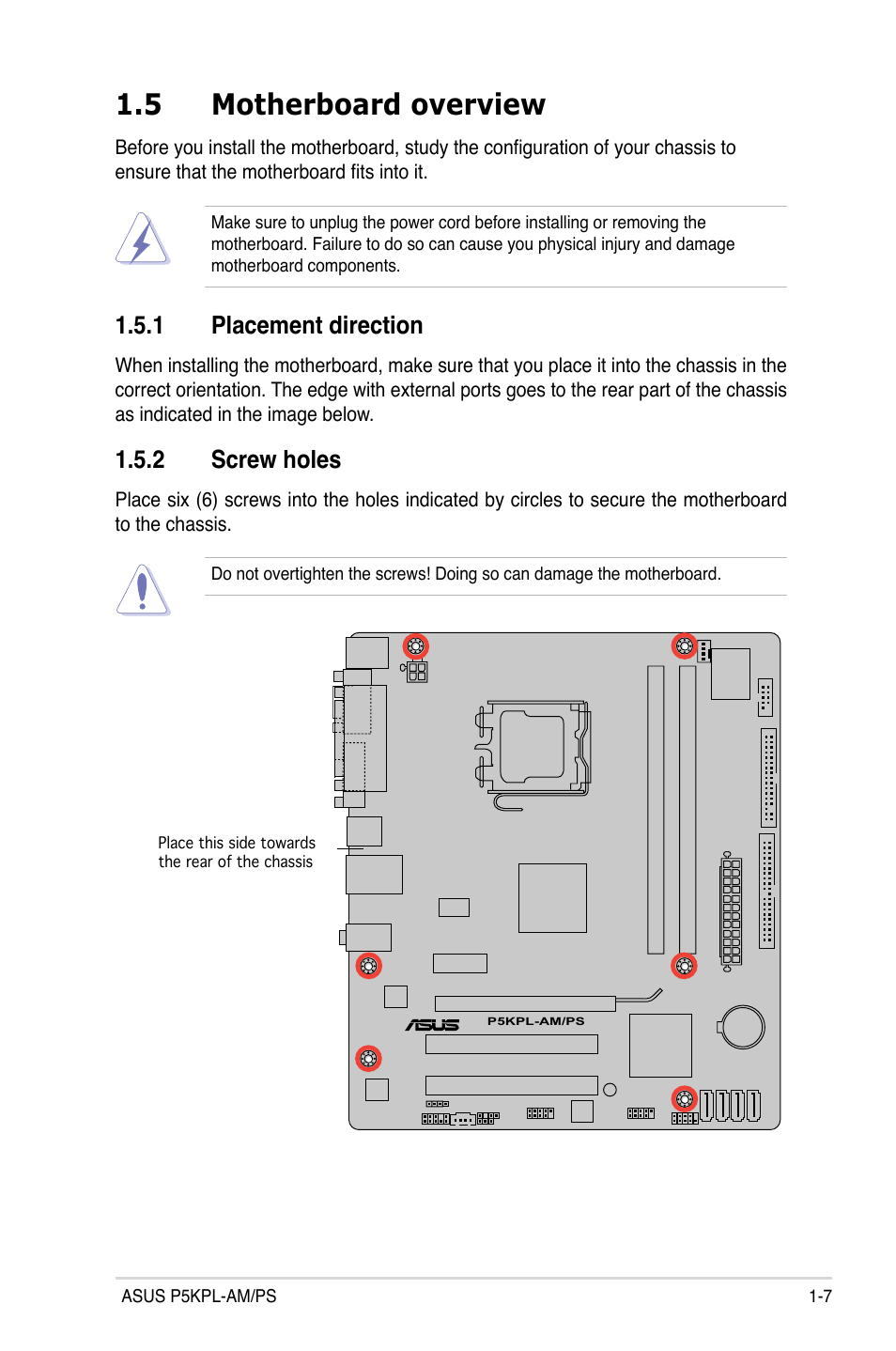 5 motherboard overview, 1 placement direction, 2 screw holes | Asus P5KPL-AM/PS User Manual | Page 19 / 100