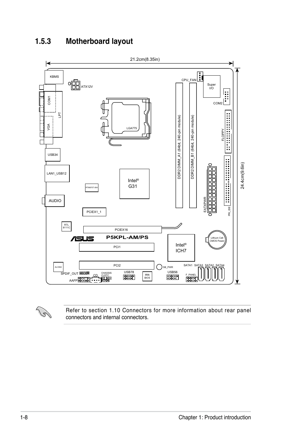 3 motherboard layout, 8 chapter 1: product introduction, P5kpl-am/ps | Intel, Ich7 | Asus P5KPL-AM/PS User Manual | Page 20 / 100