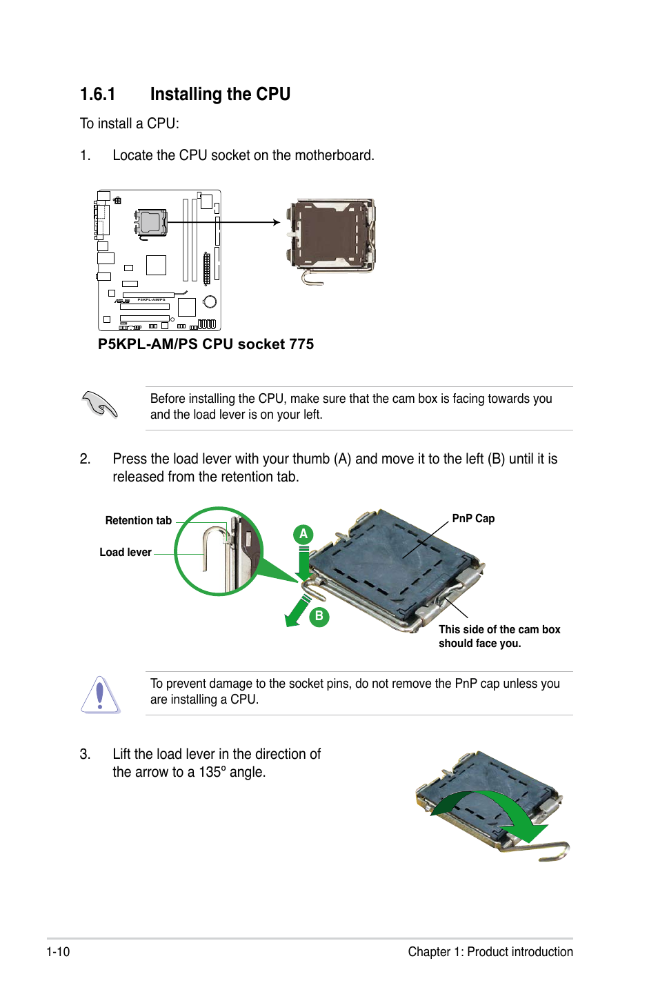 1 installing the cpu | Asus P5KPL-AM/PS User Manual | Page 22 / 100