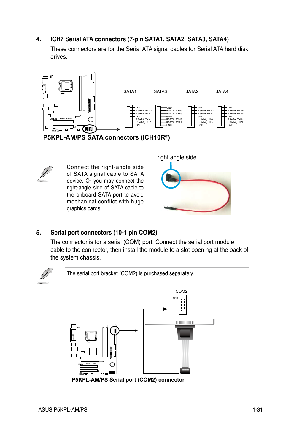 Right angle side, P5kpl-am/ps sata connectors (ich10r | Asus P5KPL-AM/PS User Manual | Page 43 / 100