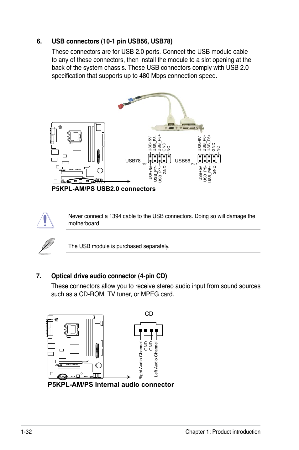 P5kpl-am/ps internal audio connector, P5kpl-am/ps usb2.0 connectors, 32 chapter 1: product introduction | The usb module is purchased separately | Asus P5KPL-AM/PS User Manual | Page 44 / 100