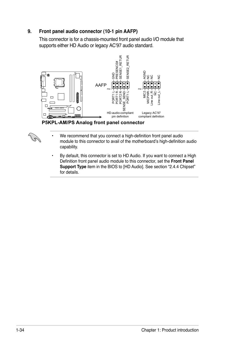 P5kpl-am/ps analog front panel connector, 34 chapter 1: product introduction | Asus P5KPL-AM/PS User Manual | Page 46 / 100