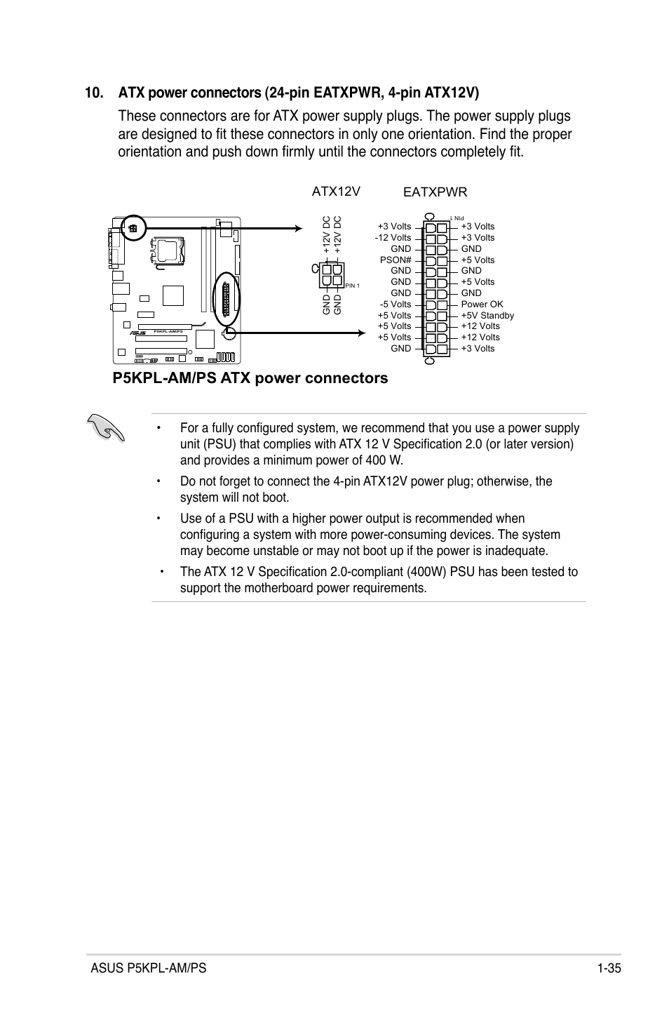 P5kpl-am/ps atx power connectors | Asus P5KPL-AM/PS User Manual | Page 47 / 100