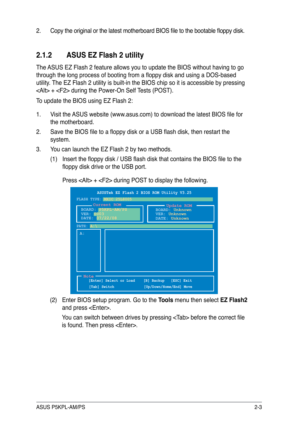 2 asus ez flash 2 utility | Asus P5KPL-AM/PS User Manual | Page 51 / 100