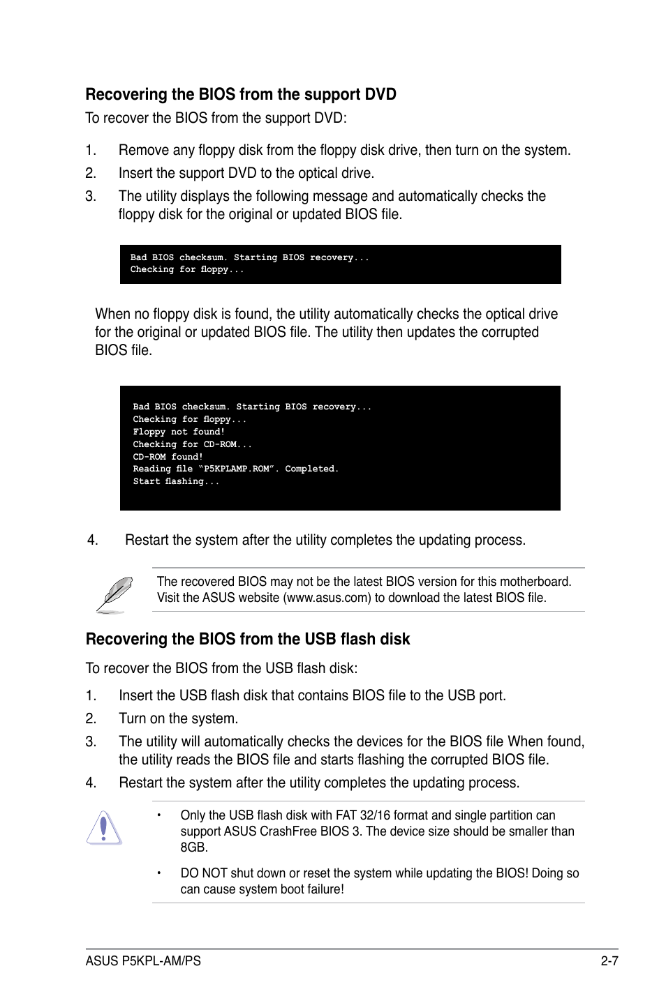 Recovering the bios from the support dvd, Recovering the bios from the usb flash disk | Asus P5KPL-AM/PS User Manual | Page 55 / 100