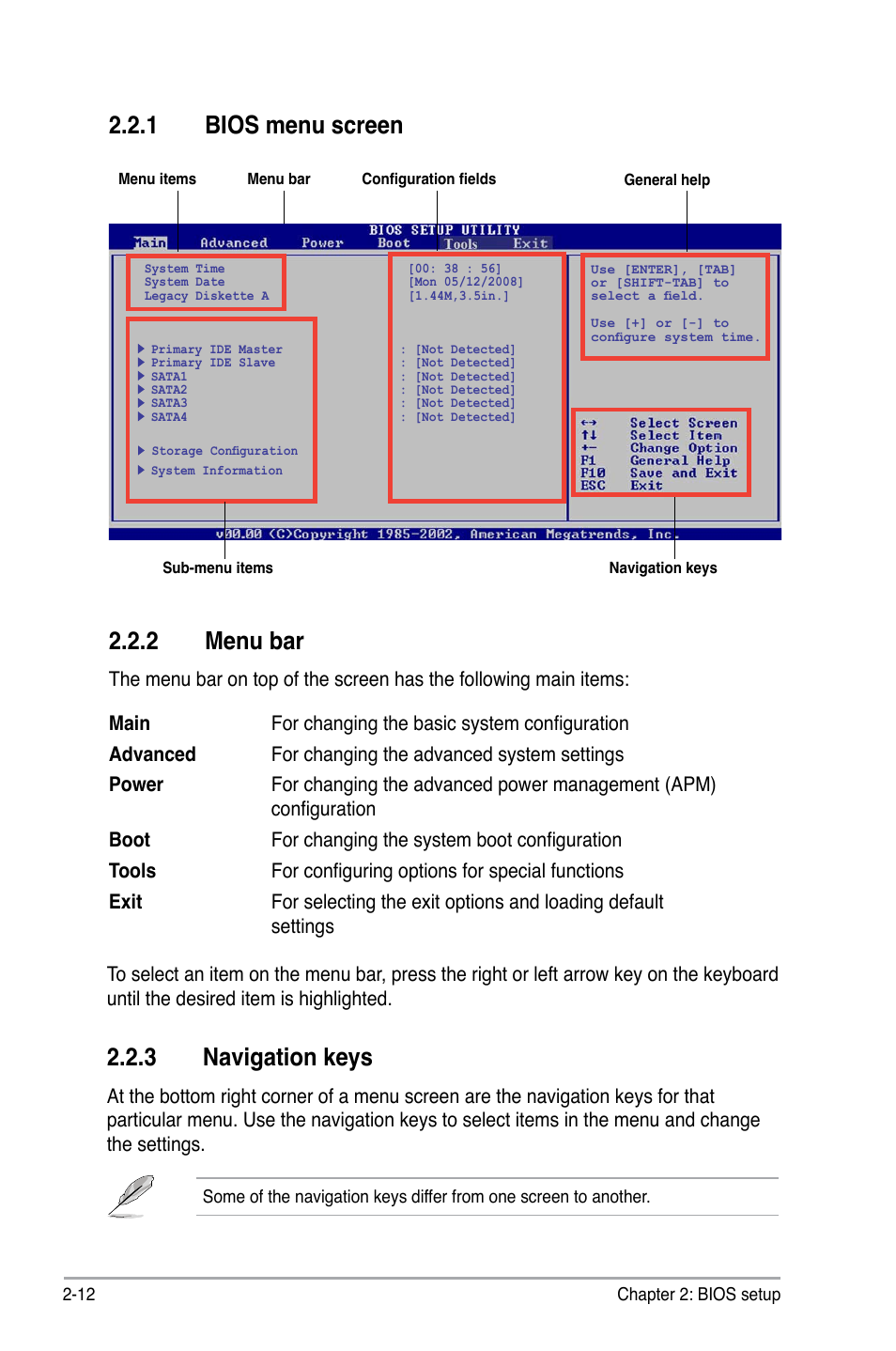 2 menu bar, 1 bios menu screen, 3 navigation keys | Asus P5KPL-AM/PS User Manual | Page 60 / 100