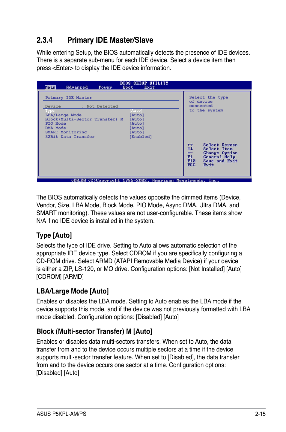 4 primary ide master/slave, Type [auto, Lba/large mode [auto | Block (multi-sector transfer) m [auto | Asus P5KPL-AM/PS User Manual | Page 63 / 100