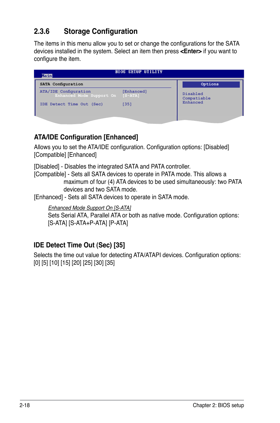 6 storage configuration, Ata/ide configuration [enhanced, Ide detect time out (sec) [35 | Asus P5KPL-AM/PS User Manual | Page 66 / 100