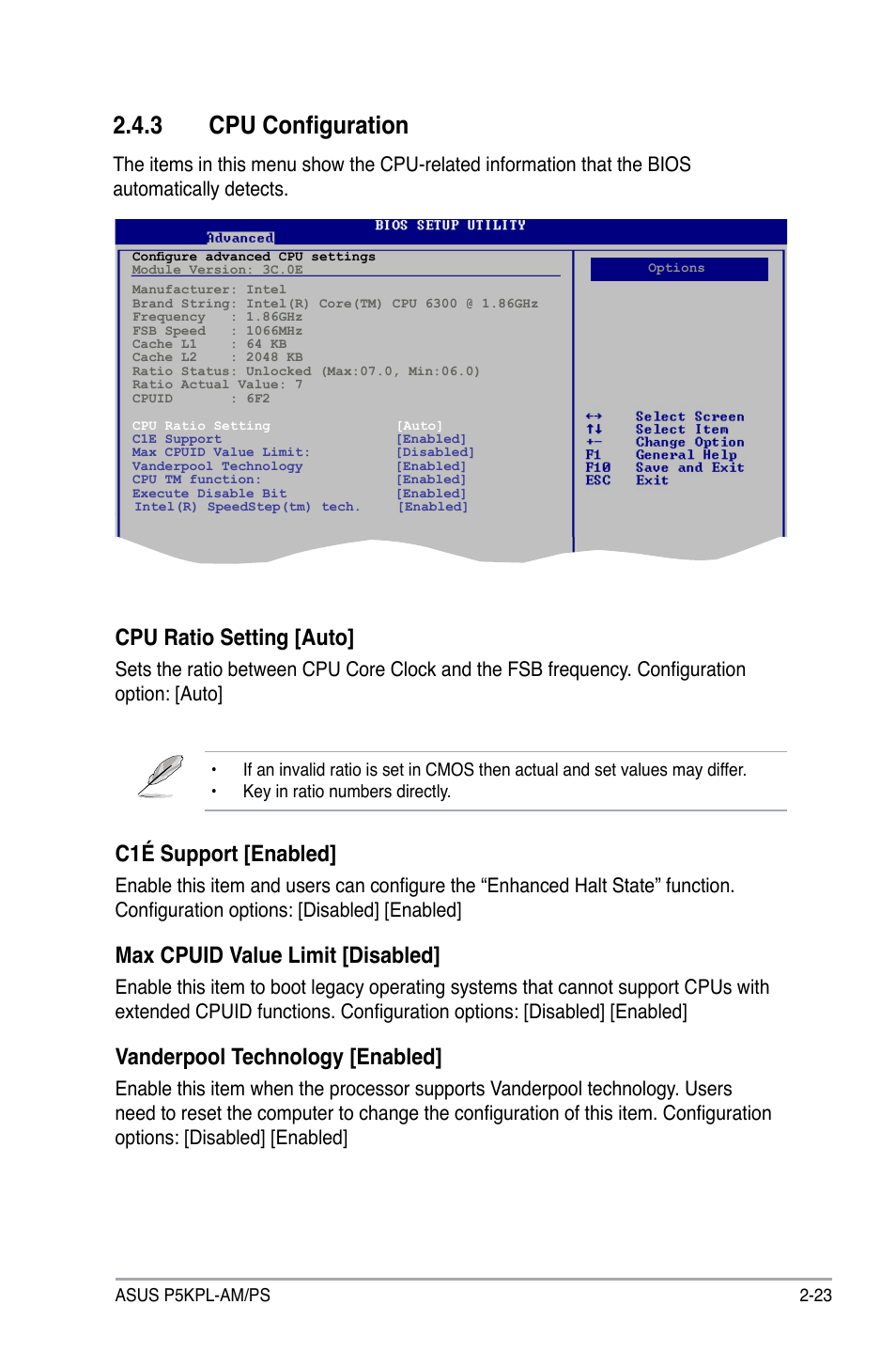 3 cpu configuration, Cpu ratio setting [auto, C1é support [enabled | Max cpuid value limit [disabled, Vanderpool technology [enabled | Asus P5KPL-AM/PS User Manual | Page 71 / 100